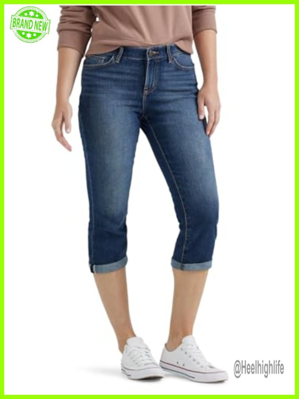 Regular Fit Capri Jeans with Flexible Waistband, 5 Pockets, Rollable Hem